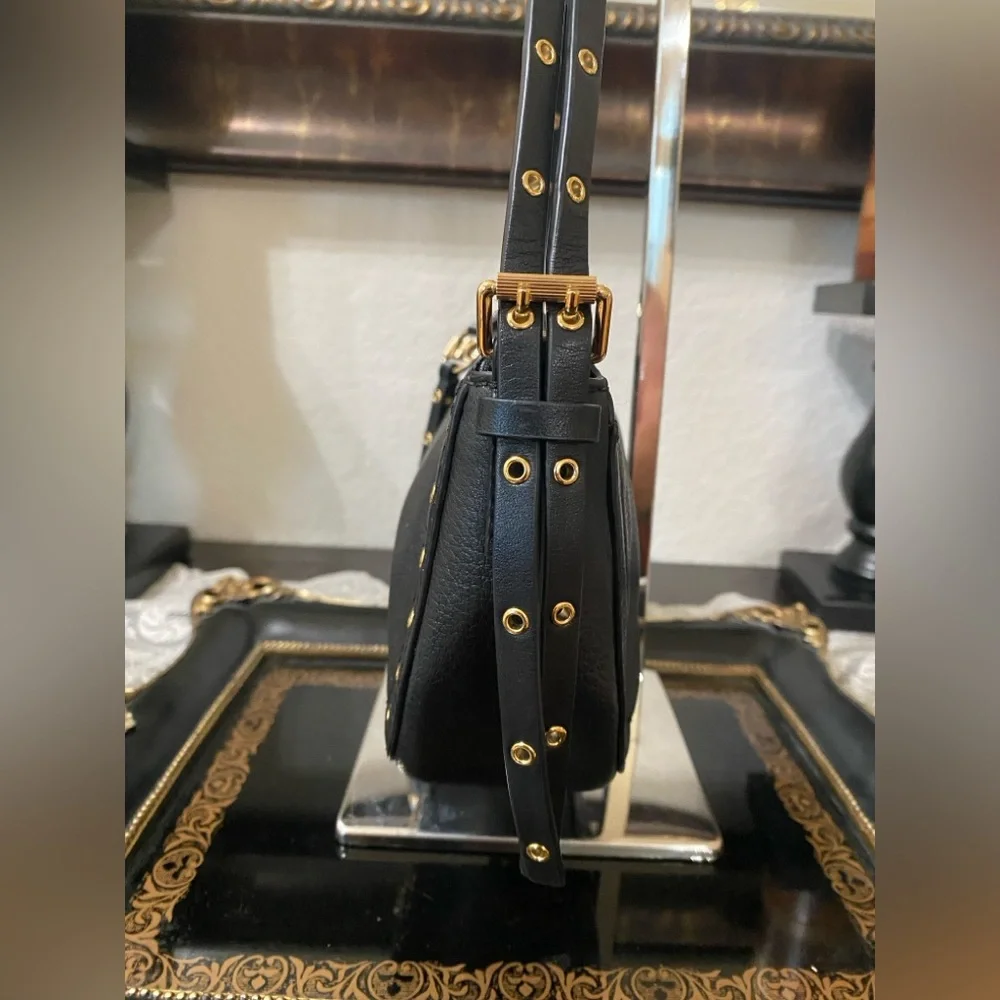 Michael Kors Black Leather Shoulder Bag with Gold Hardware